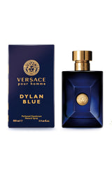 Versace Dylan Blue deodorant spray application highlights long-lasting odor protection for daily wear.