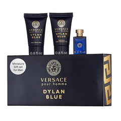 Versace Dylan Blue miniature set packaging for travel-ready grooming.