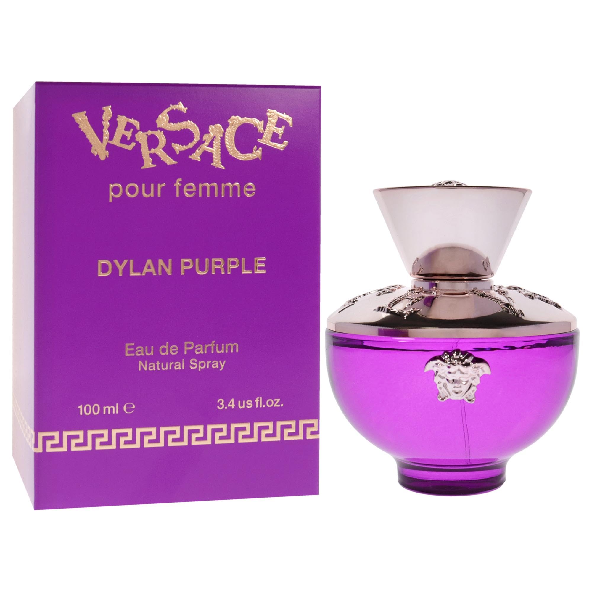 Versace Dylan Purple cap closeup signals premium luxury and scent promise.