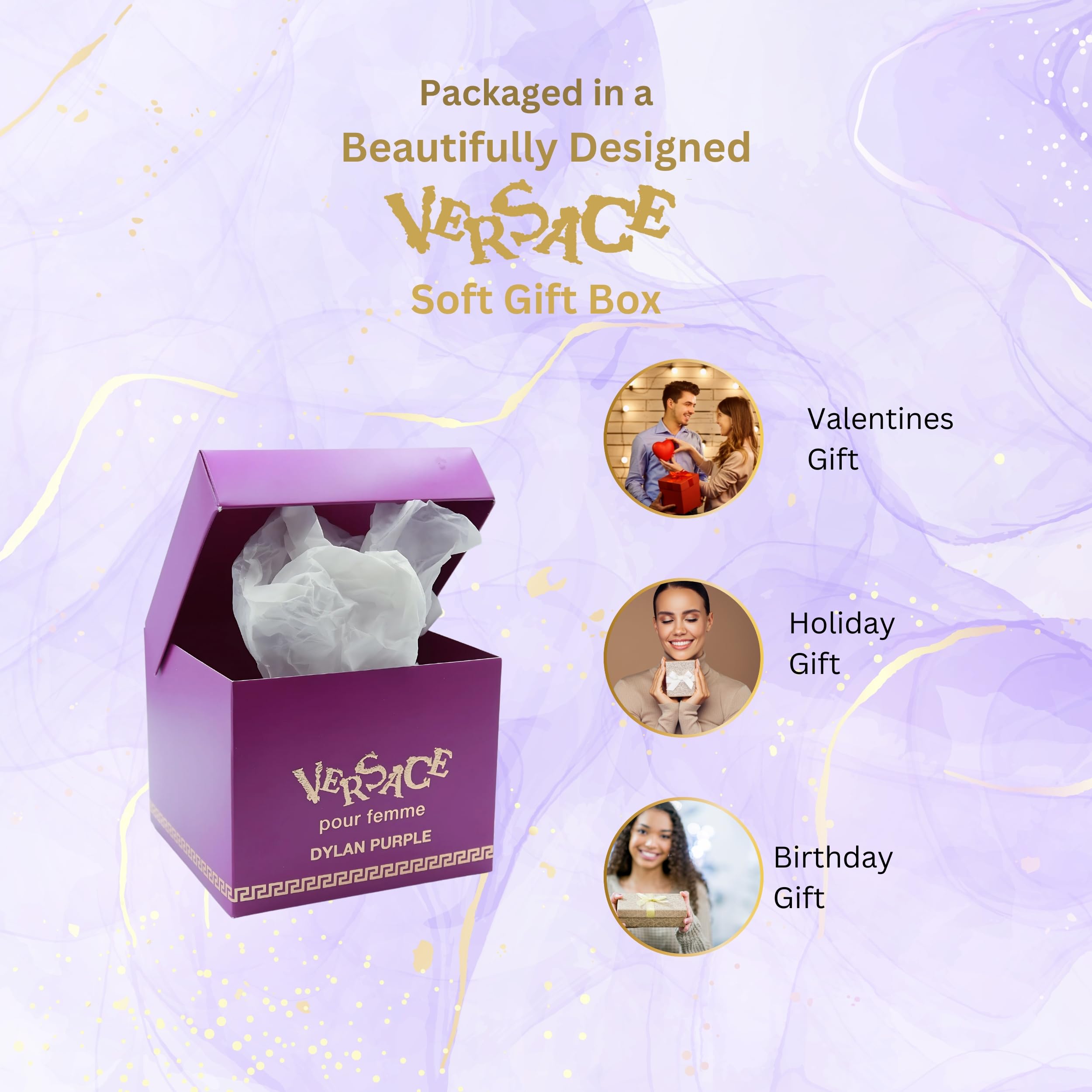 Versace Dylan Purple packaging closeup highlighting design.