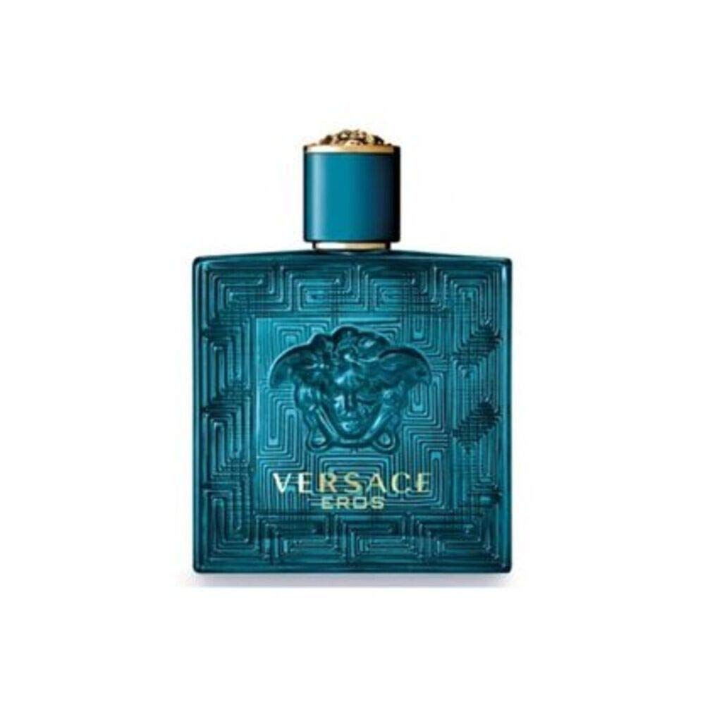 Versace Eros bottle front exudes bold masculine fragrance for evening wear.