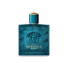 Versace Eros bottle front exudes bold masculine fragrance for evening wear.