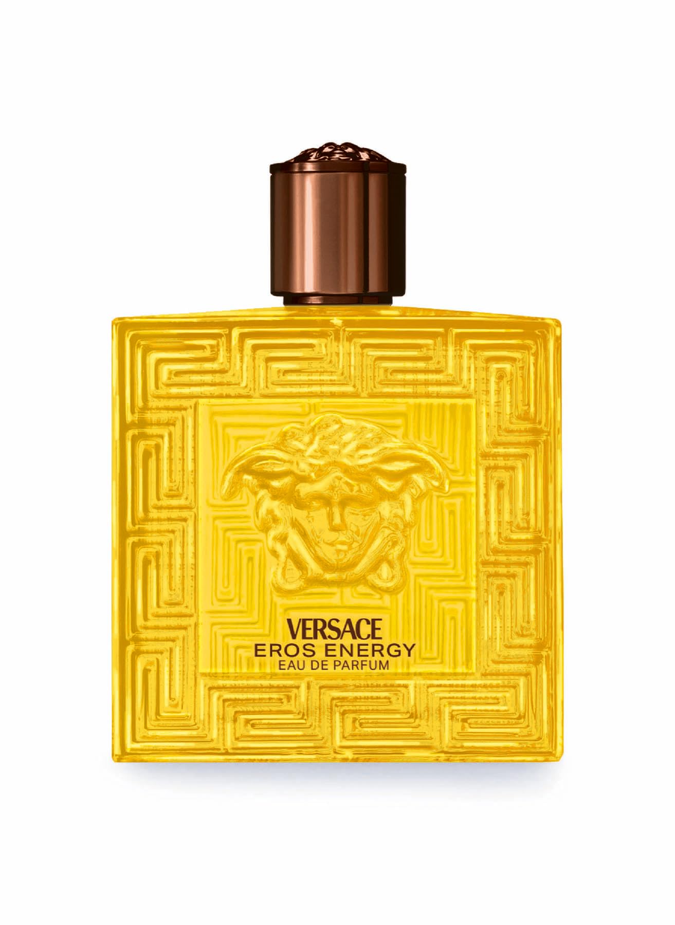Versace Eros Energy bottle close-up with Medusa emblem, ideal for confident date nights