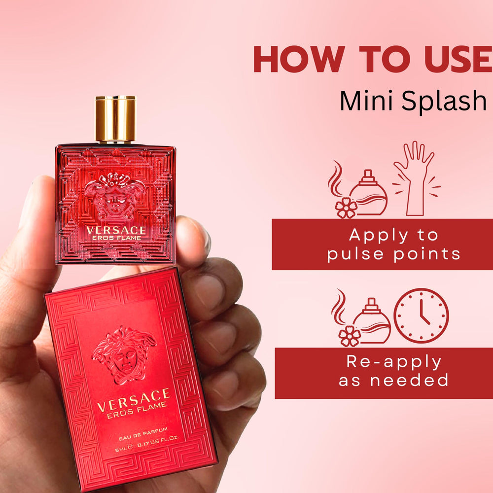 Versace Eros Flame mini splash packaging insert highlights travel-friendly design.