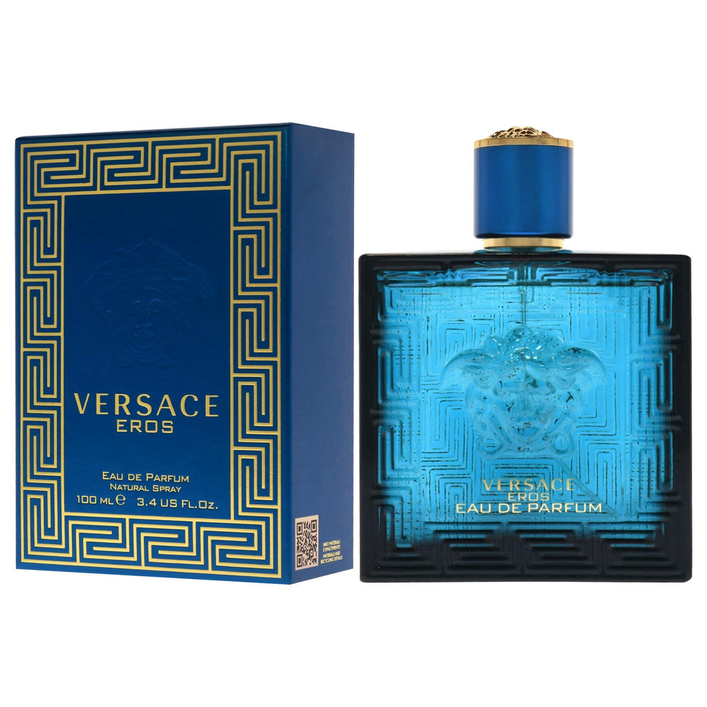 Versace Eros for Men hero shot showing luxury fragrance on a display