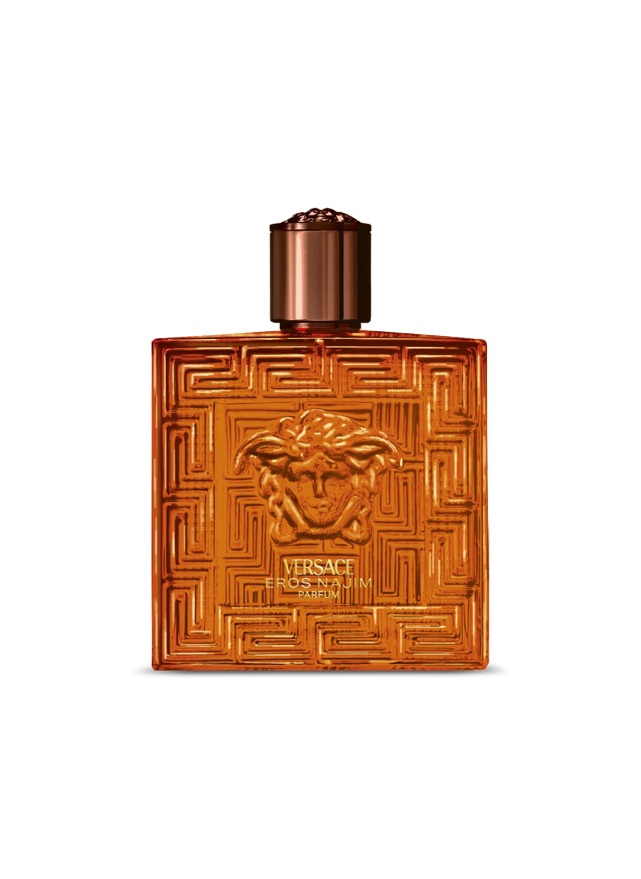 Versace Eros Najim bottle close-up with Greca engraving and premium design.