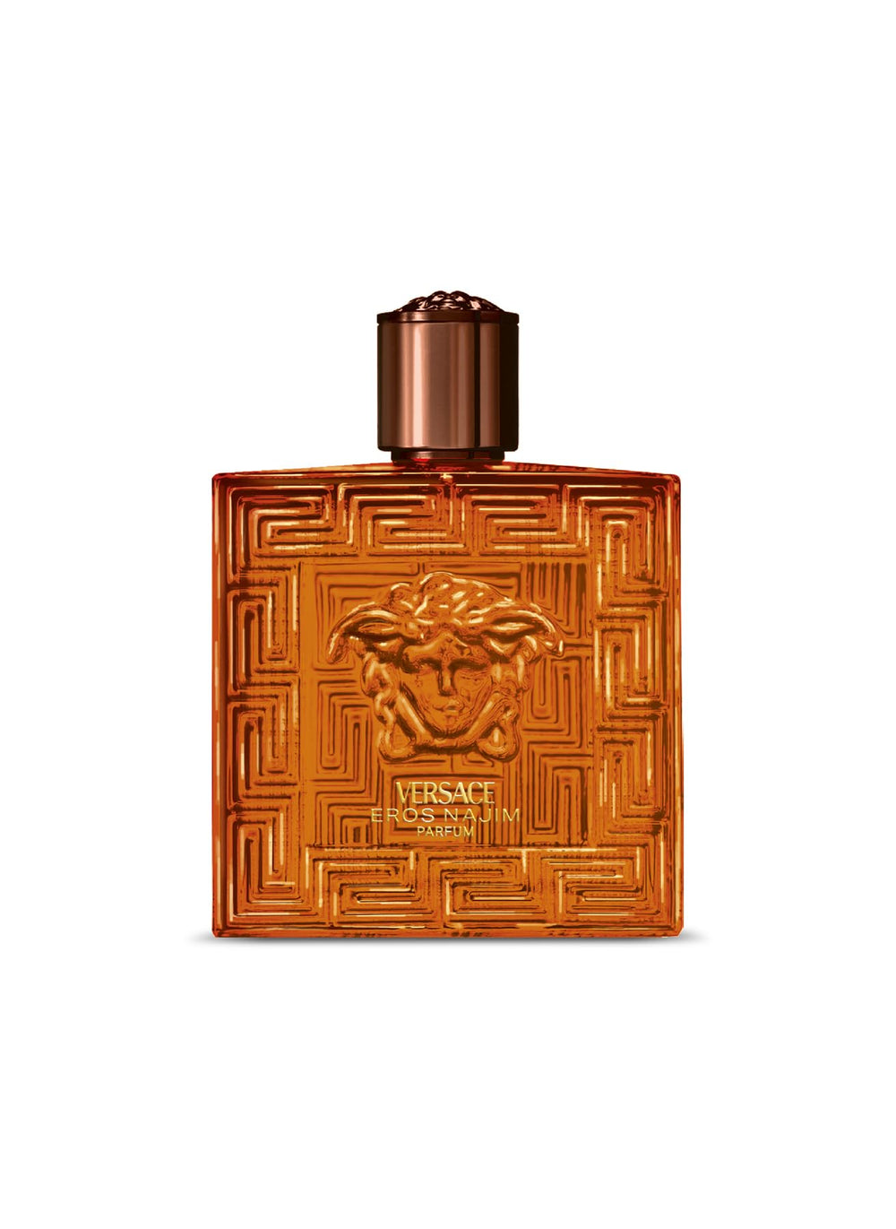 Versace Eros Najim bottle close-up with Greca engraving and premium design.