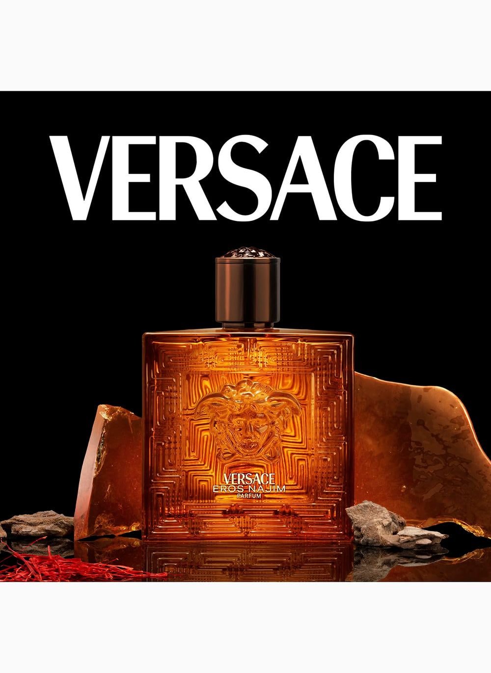 Versace Eros Najim in golden desert light evokes radiant woody notes.