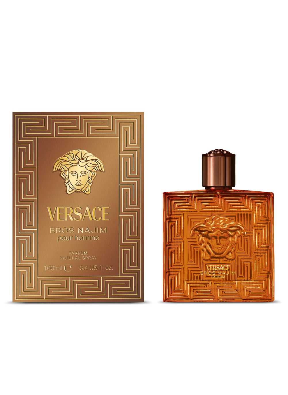 Versace Eros Najim ornate cap with Medusa detail signals luxury.