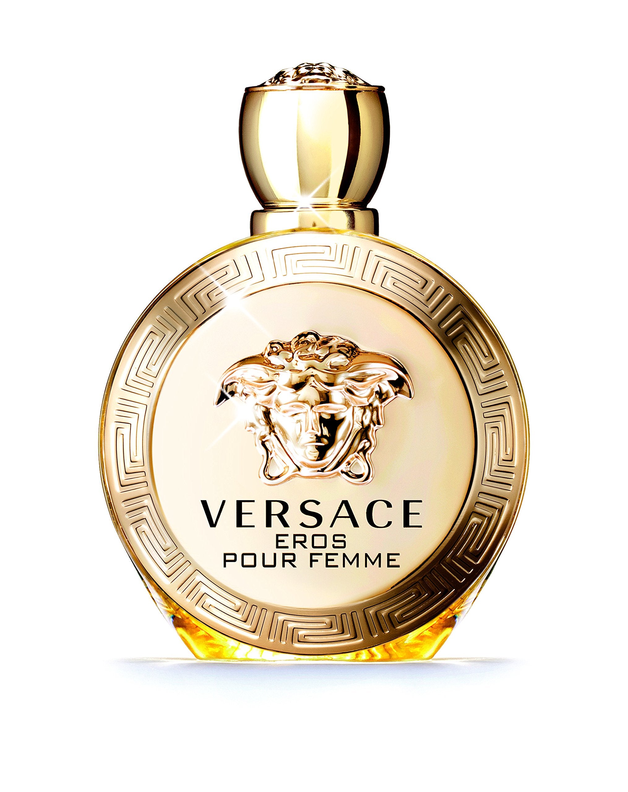 Versace Eros Pour Femme close-up of bottle captures luxurious details and daytime elegance.