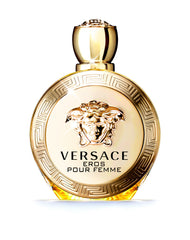 Versace Eros Pour Femme close-up of bottle captures luxurious details and daytime elegance.