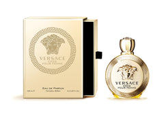 Versace Eros Pour Femme bottle pouring shows long-lasting fragrance for daily wear.