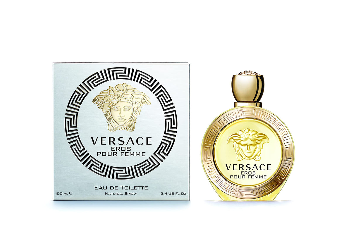 Versace Eros Pour Femme bottle front view, long-lasting elegance for daily wear