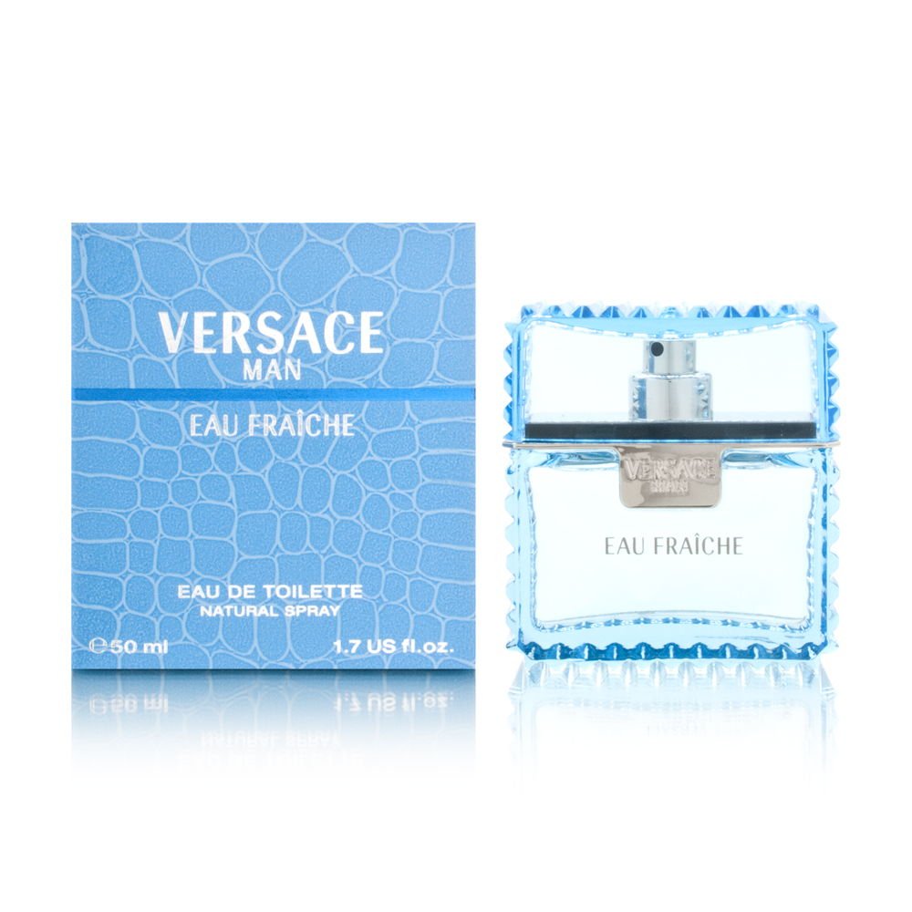 Versace Man Eau Fraiche bottle front view highlighting refreshing daytime fragrance.