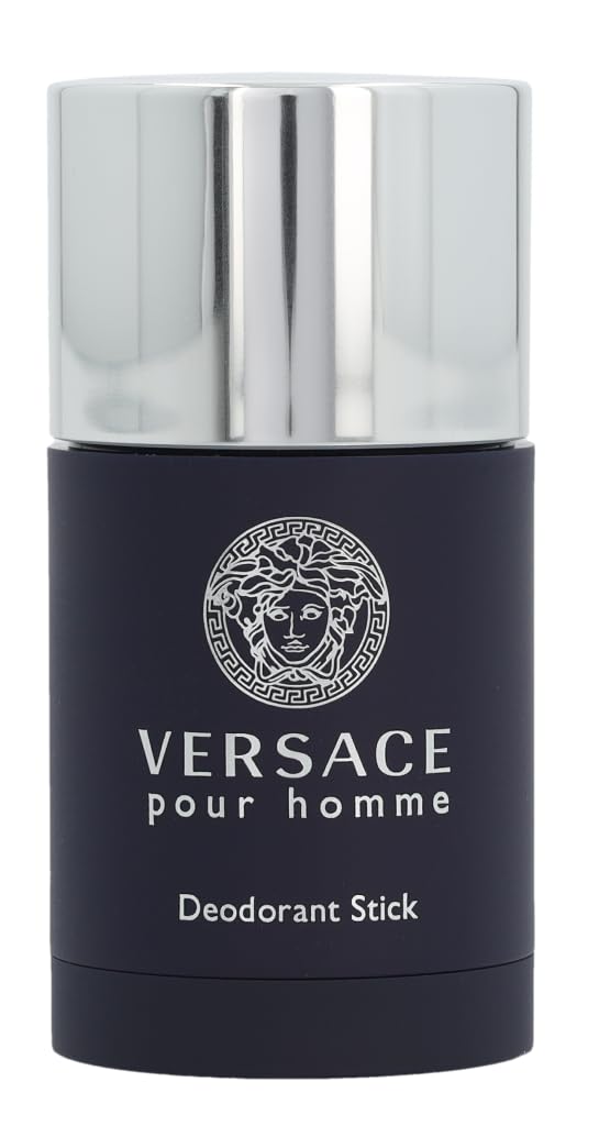 Versace Pour Homme deodorant stick label detail highlights iconic branding.
