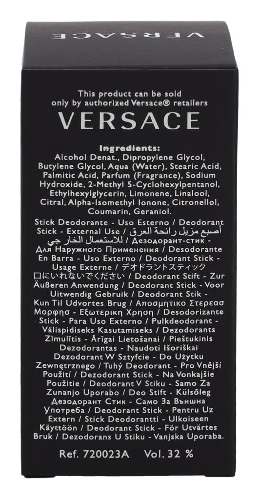 Versace Pour Homme deodorant stick outer sleeve emphasizes luxury grooming.
