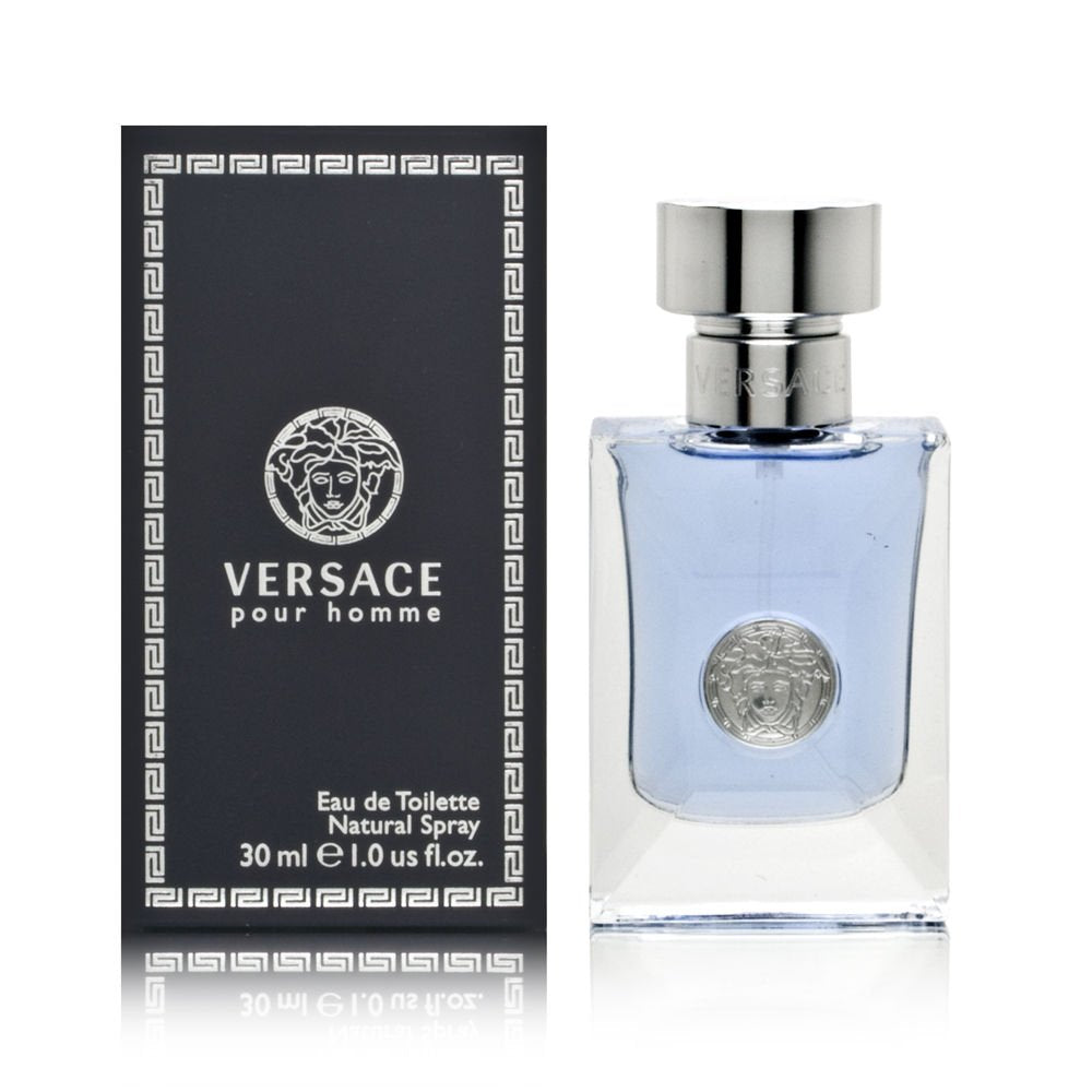 Versace Pour Homme bottle highlighting woody, spicy notes for daytime wear.