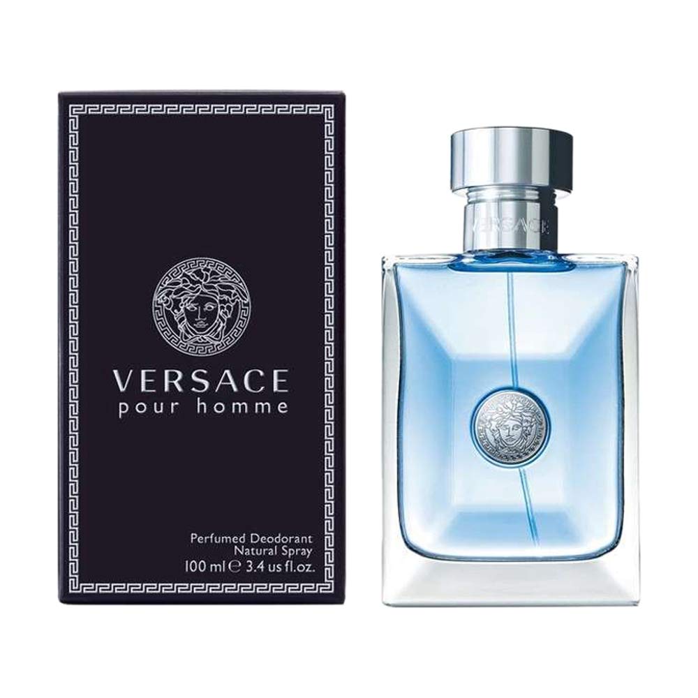 Versace Pour Homme deodorant spray bottle, sleek design providing all-day freshness for daily wear