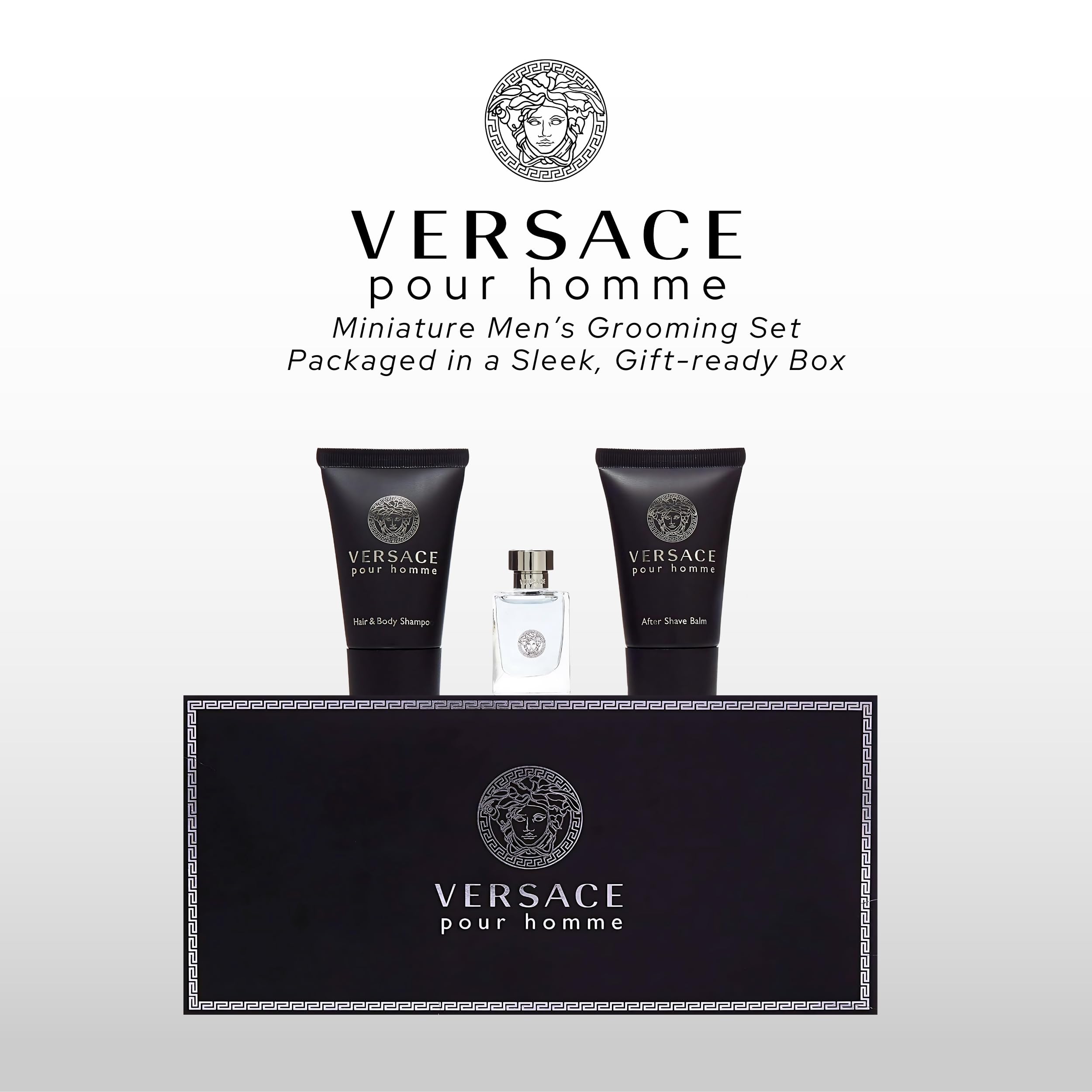 Versace Pour Homme mini set hair and body shampoo displays travel-friendly cleanse and refreshed skin