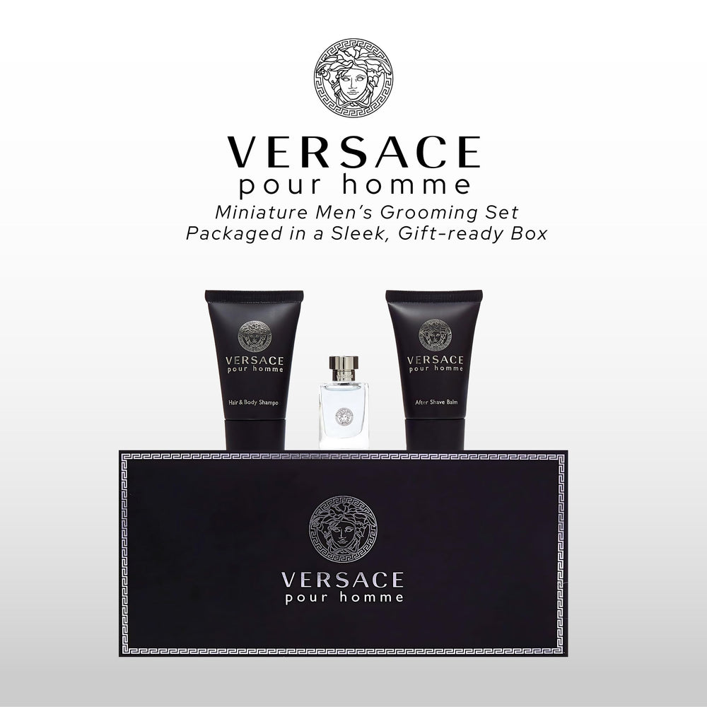 Versace Pour Homme mini set hair and body shampoo displays travel-friendly cleanse and refreshed skin