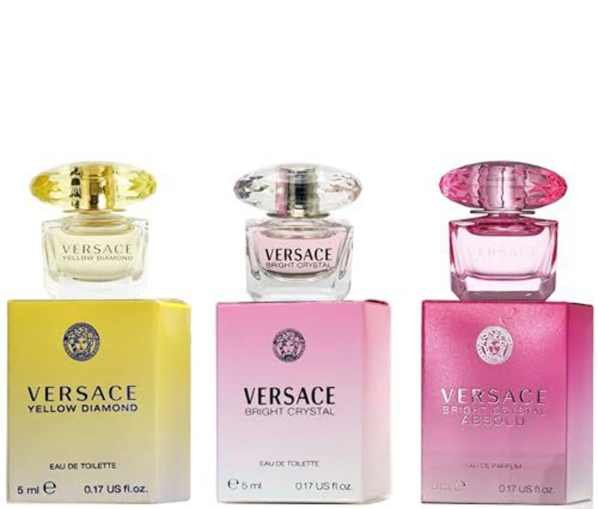 Versace women's perfume trio display, versatile assortment for testing scents.