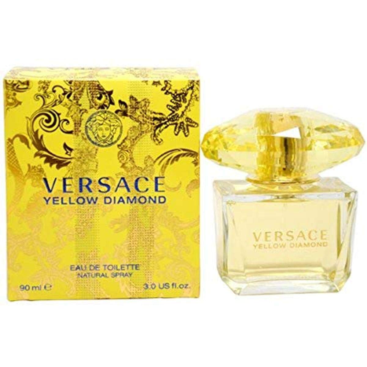 Versace Yellow Diamond eau de toilette bottle radiates glamour and confidence.