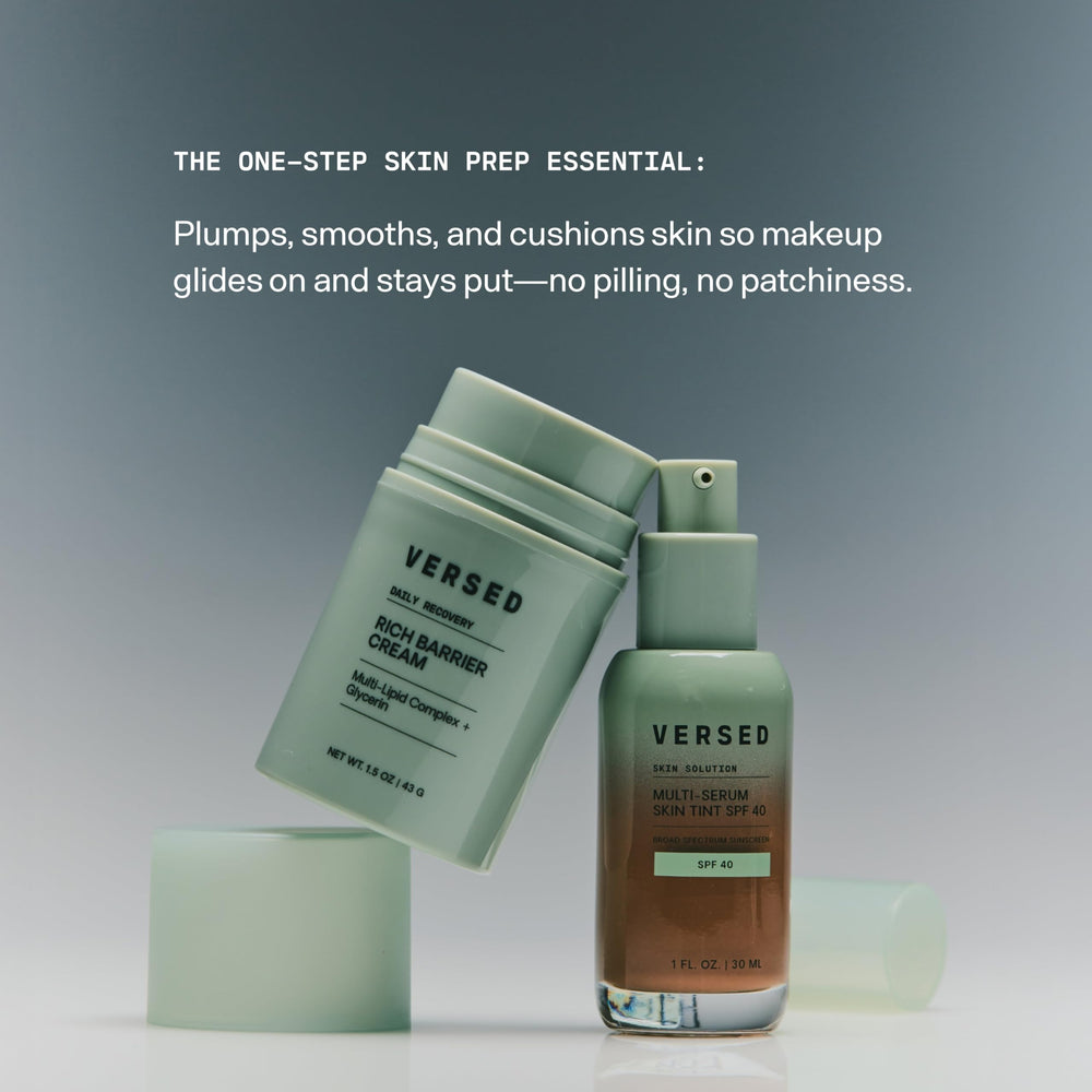 Versed Daily Recovery application swatch on skin suggests layer-friendly makeup wear.