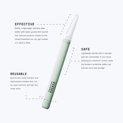 Versed dermaplaning tool shown with slip-free grip for controlled exfoliation.