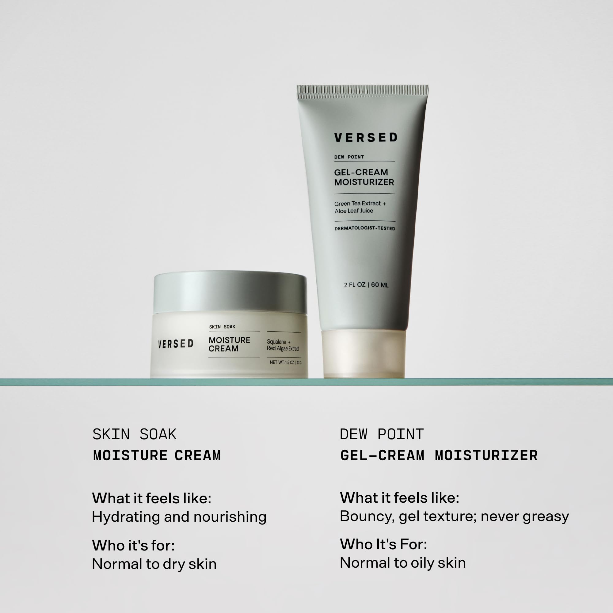 Versed Dew Point gel moisturizer on counter in a minimal skincare setup