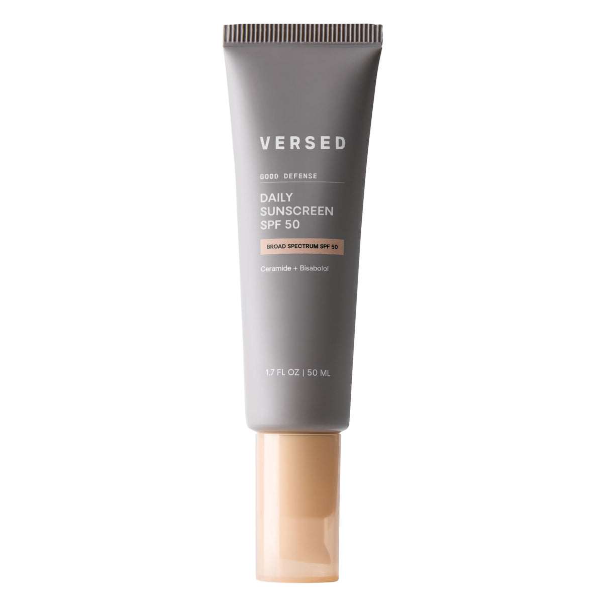 Versed Good Defense sunscreen bottle front view, highlighting lightweight protection for daily wear.