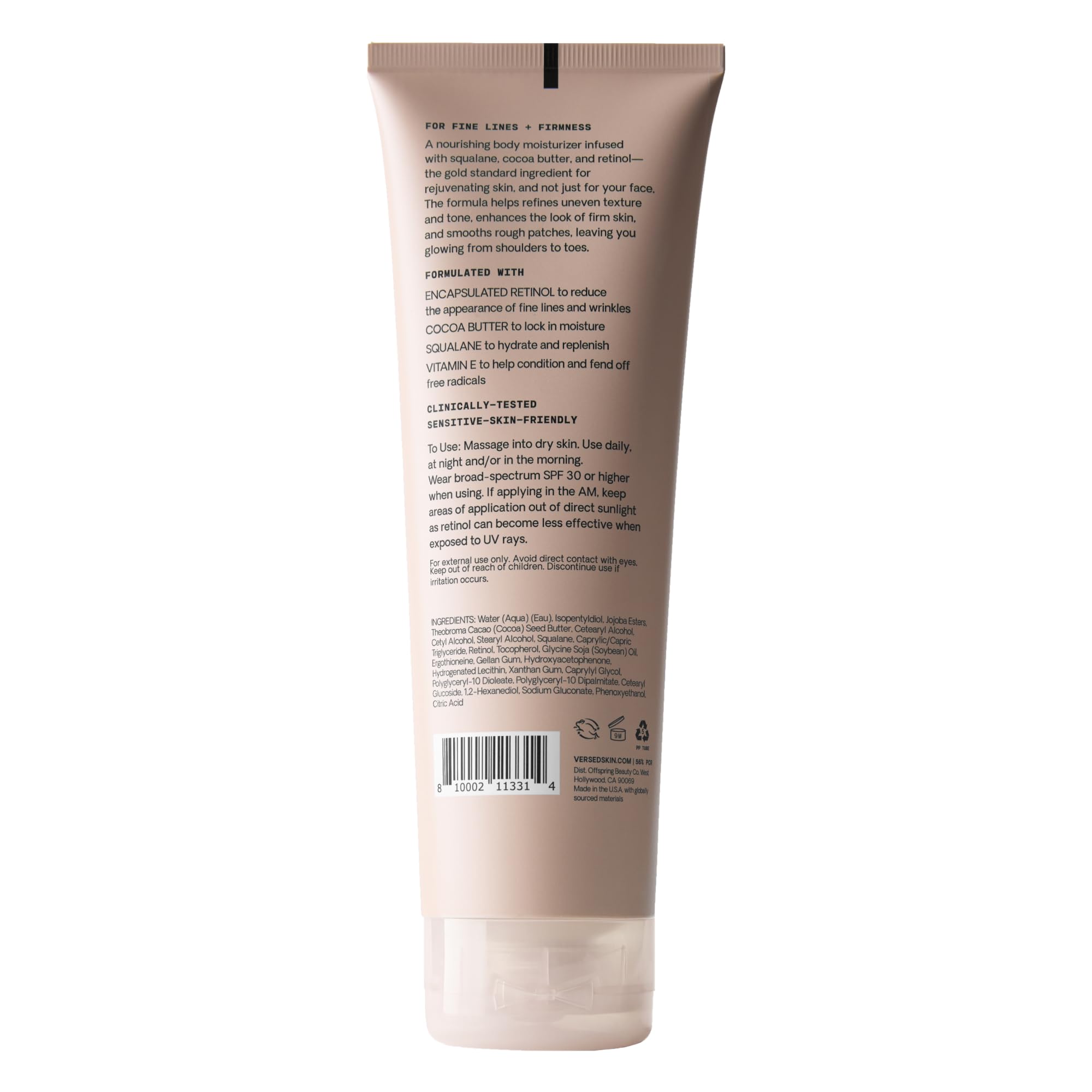 Versed Press Restart Retinol Body Lotion on elbows and knees improves suppleness and texture.