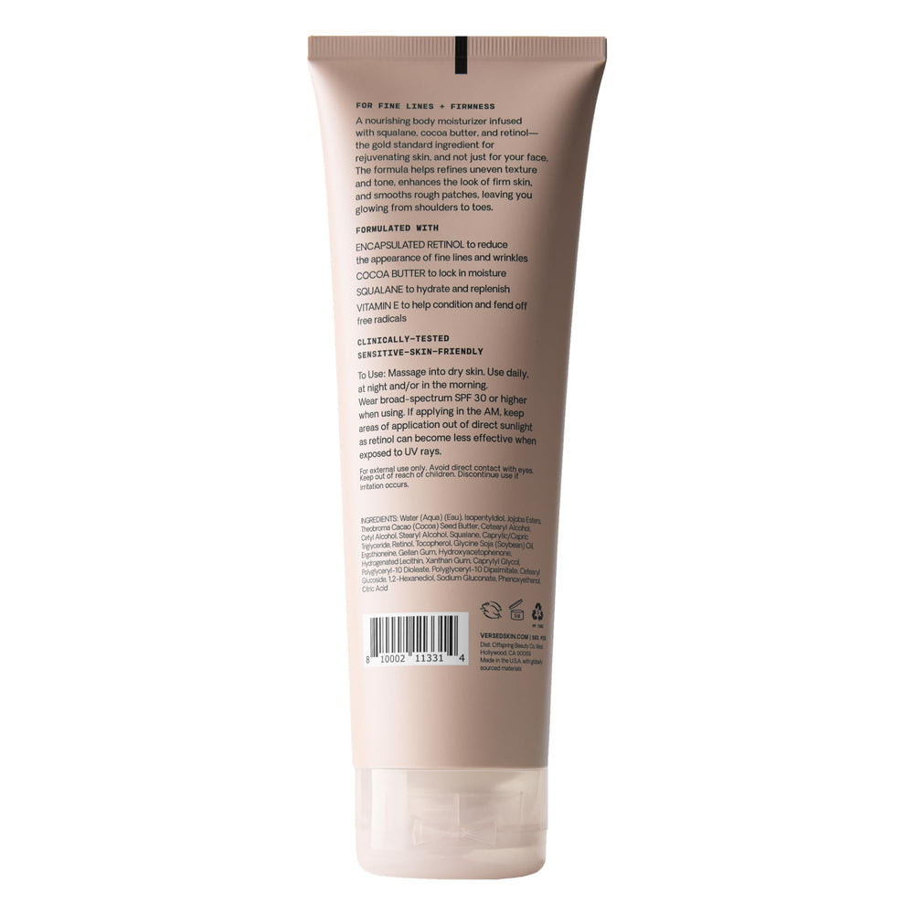 Versed Press Restart Retinol Body Lotion on elbows and knees improves suppleness and texture.