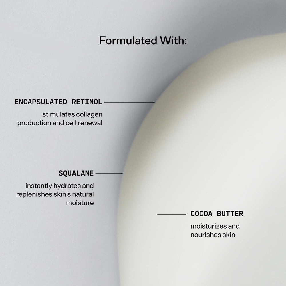 Versed Press Restart Retinol Body Lotion ingredients cocoa butter and squalane provide rich moisture.