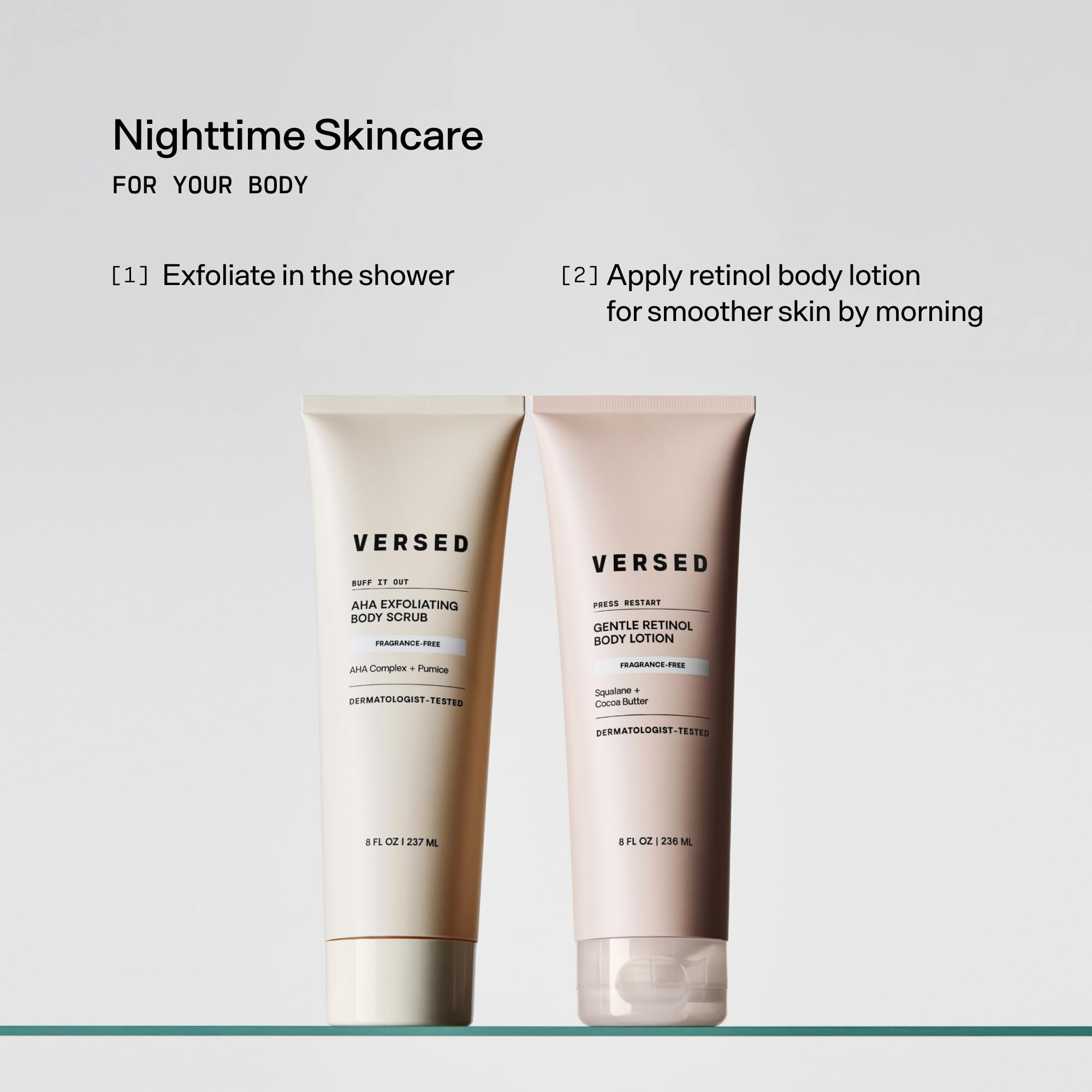 Versed Press Restart Retinol Body Lotion night routine scene emphasizes gentle renewal.