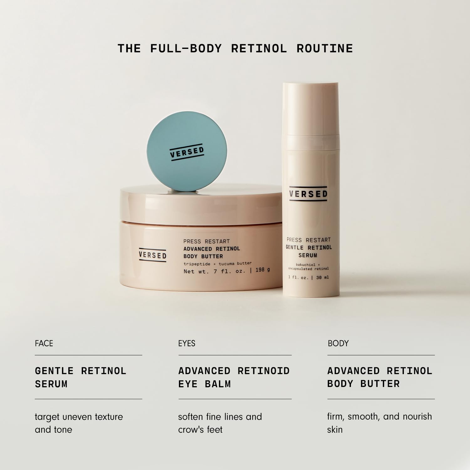 Versed Press Restart serum bottle on bathroom shelf with soft lighting