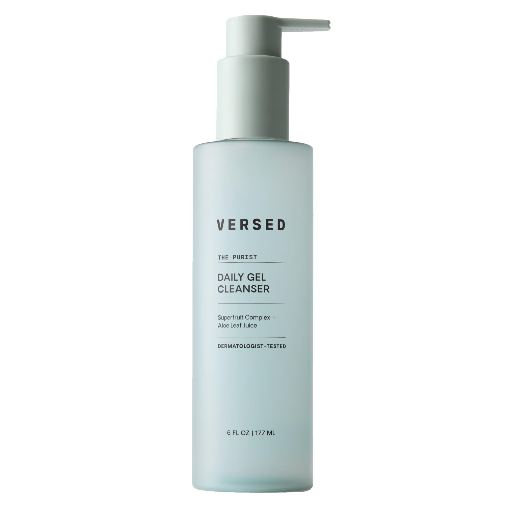 Versed Purist bottle pump shows hydrating cleanser for sensitive skin.