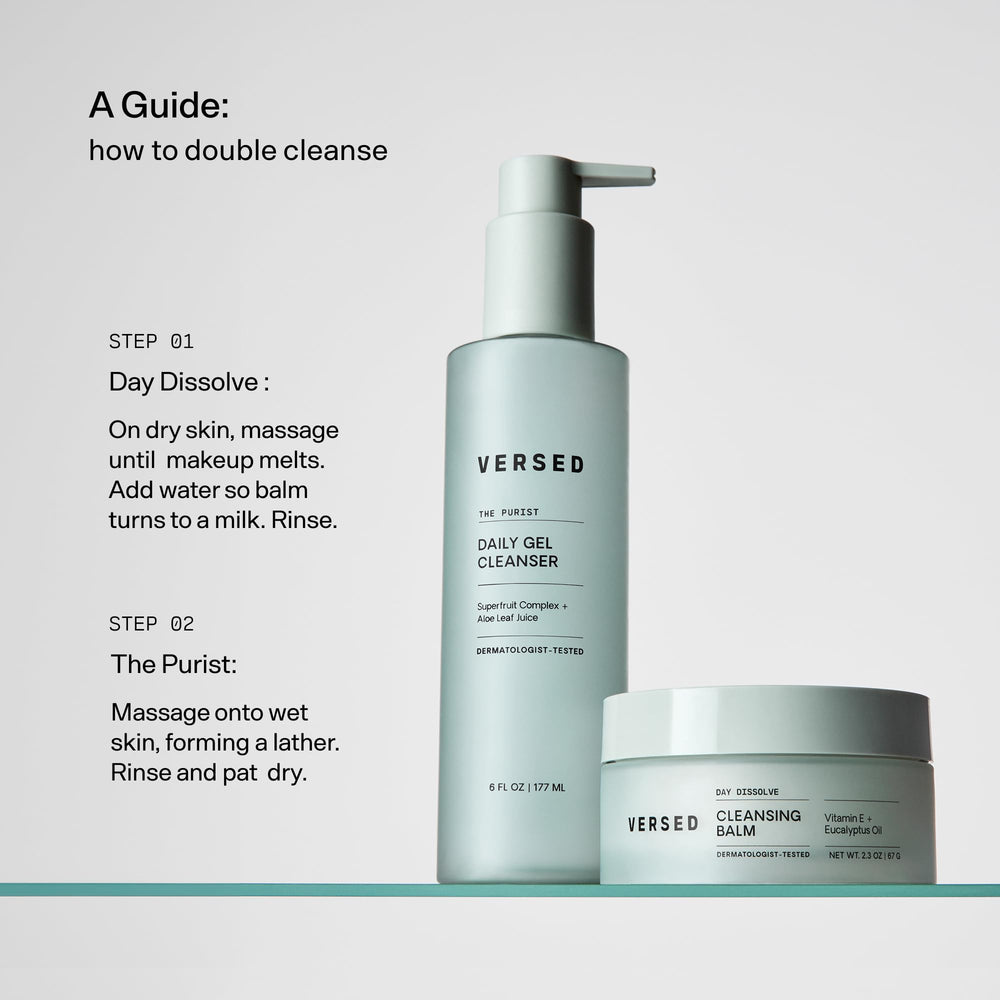 Versed Purist rinse water closeup reveals clean, refreshed skin.