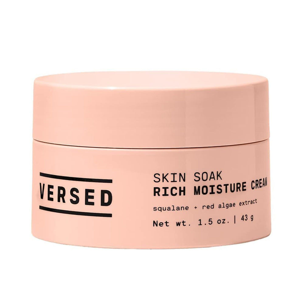 Versed Skin Soak Rich Moisture Face Cream bottle closeup for deep hydration without greasiness
