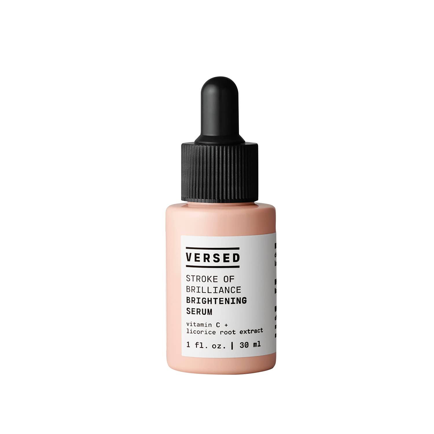 Versed Stroke of Brilliance Serum bottle closeup shows brightening formula for even tone.