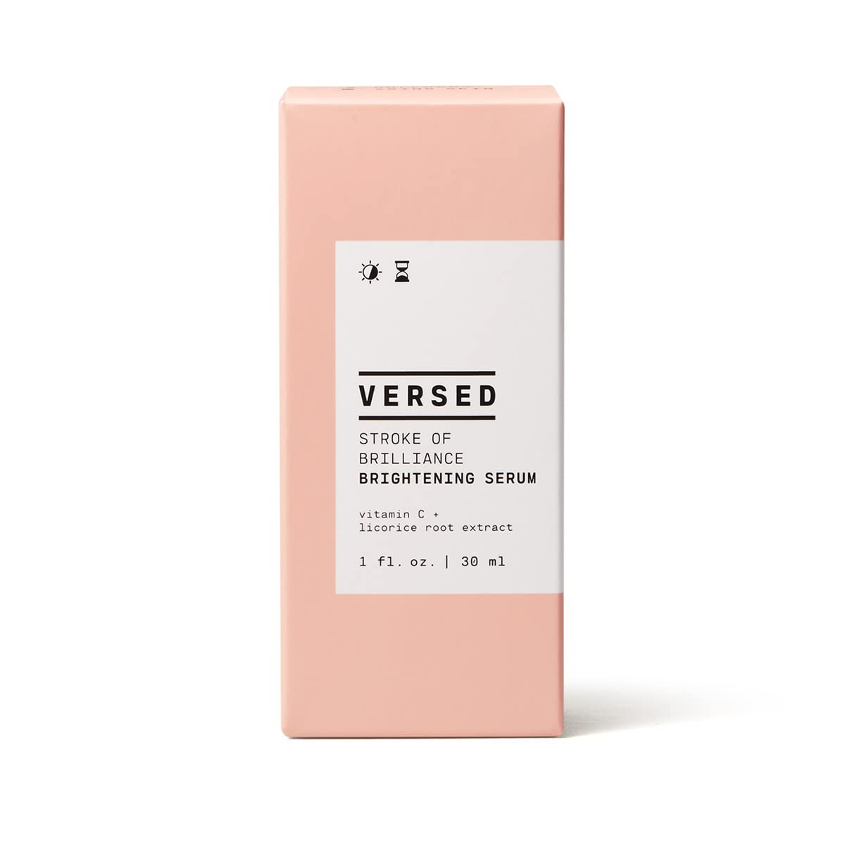 Versed Stroke of Brilliance Serum label emphasizes vitamin C and licorice for skin tone evenness.