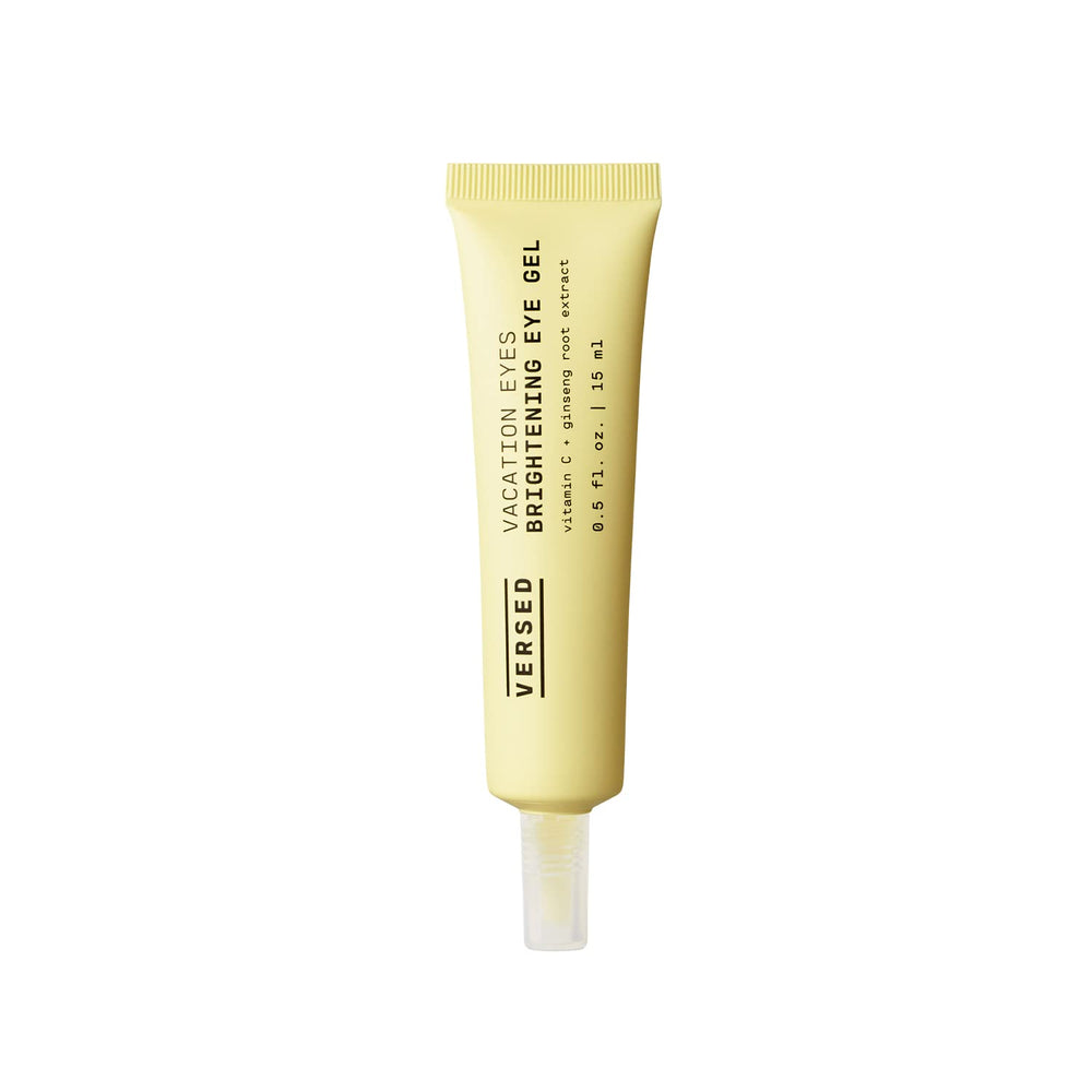 Versed Vacation Eyes brightening eye gel tube close-up highlighting a brightening formula