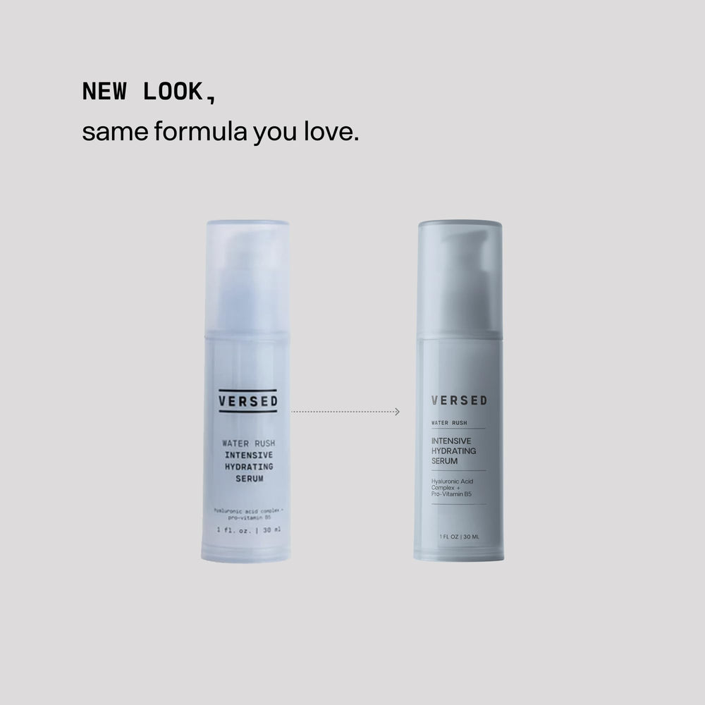 Versed Water Rush face and neck application demonstrates AM and PM use.