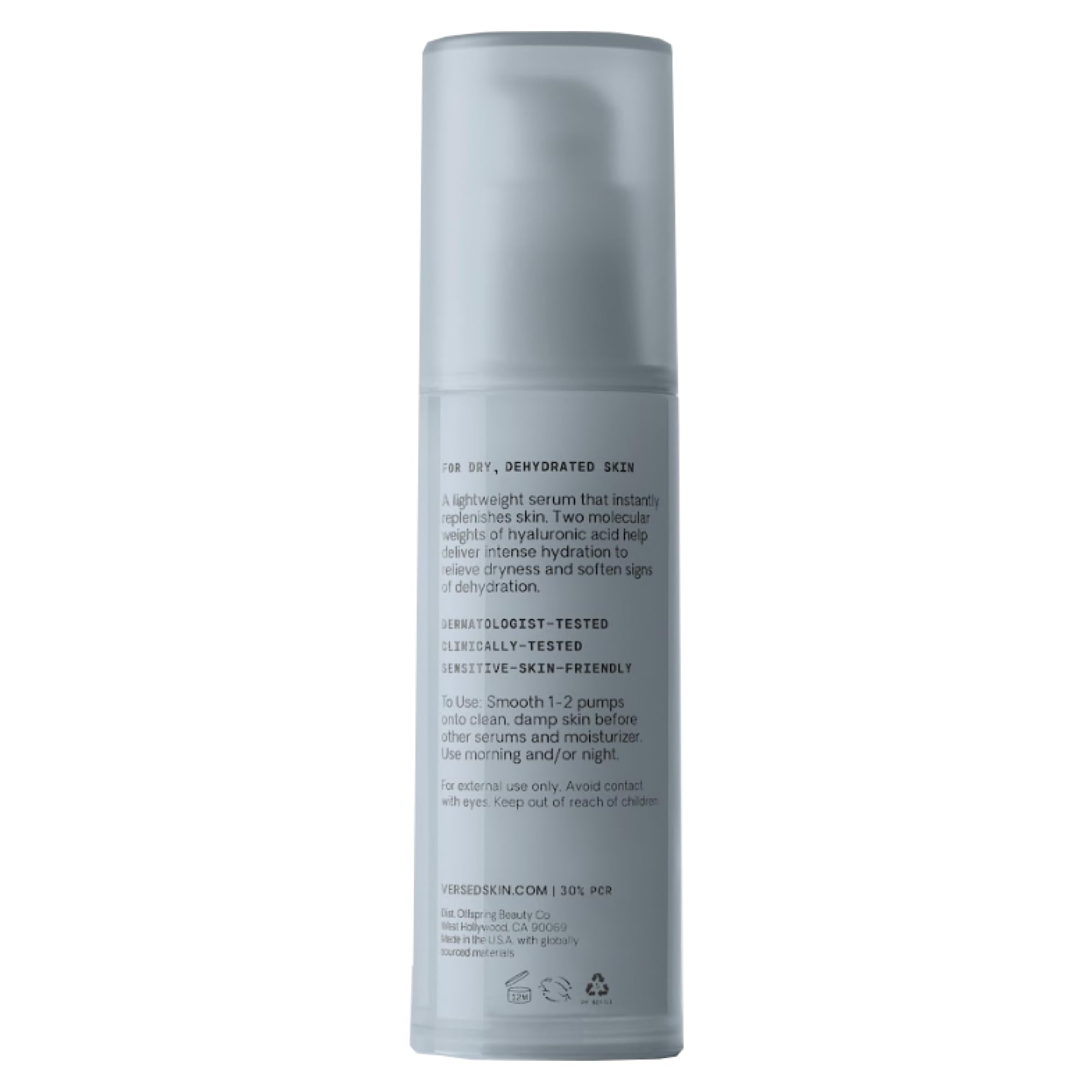 Versed Water Rush fragrance-free label signals clean, sensitive-skin friendly formula.