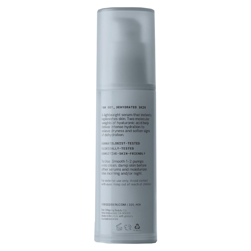 Versed Water Rush fragrance-free label signals clean, sensitive-skin friendly formula.