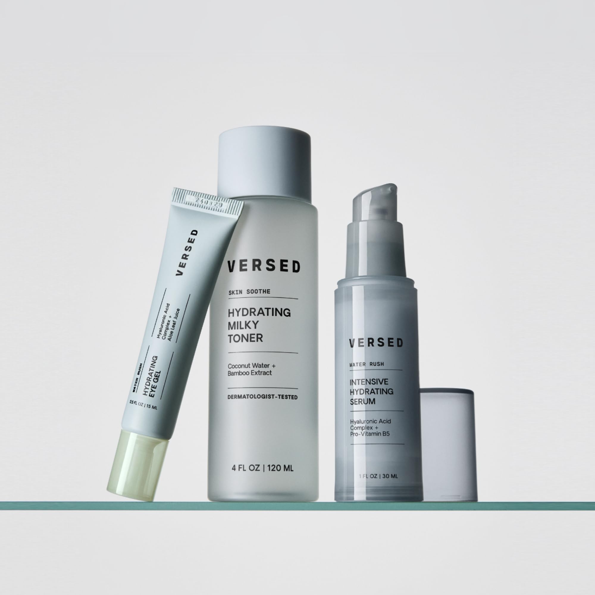Versed Water Rush texture glide highlights non-sticky, breathable absorption.