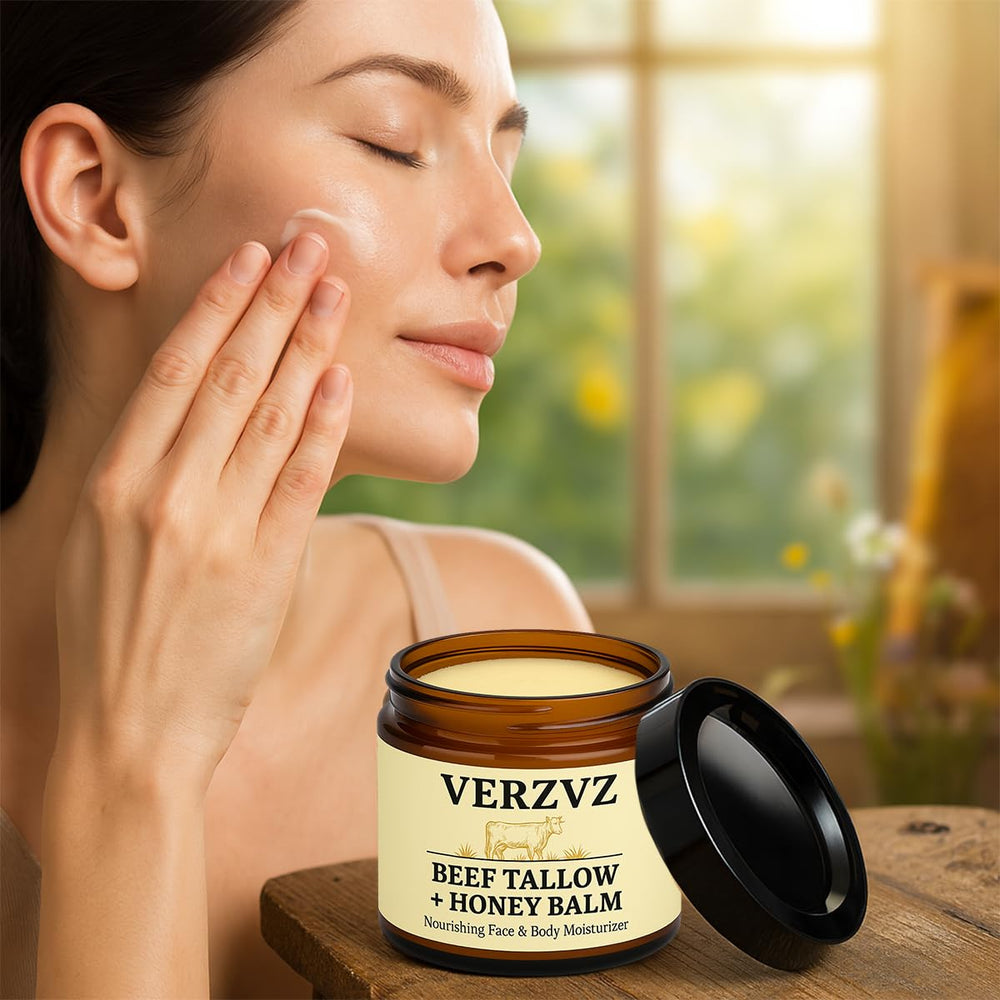 VERZVZ Beef Tallow Honey Balm application scene highlights easy moisture use