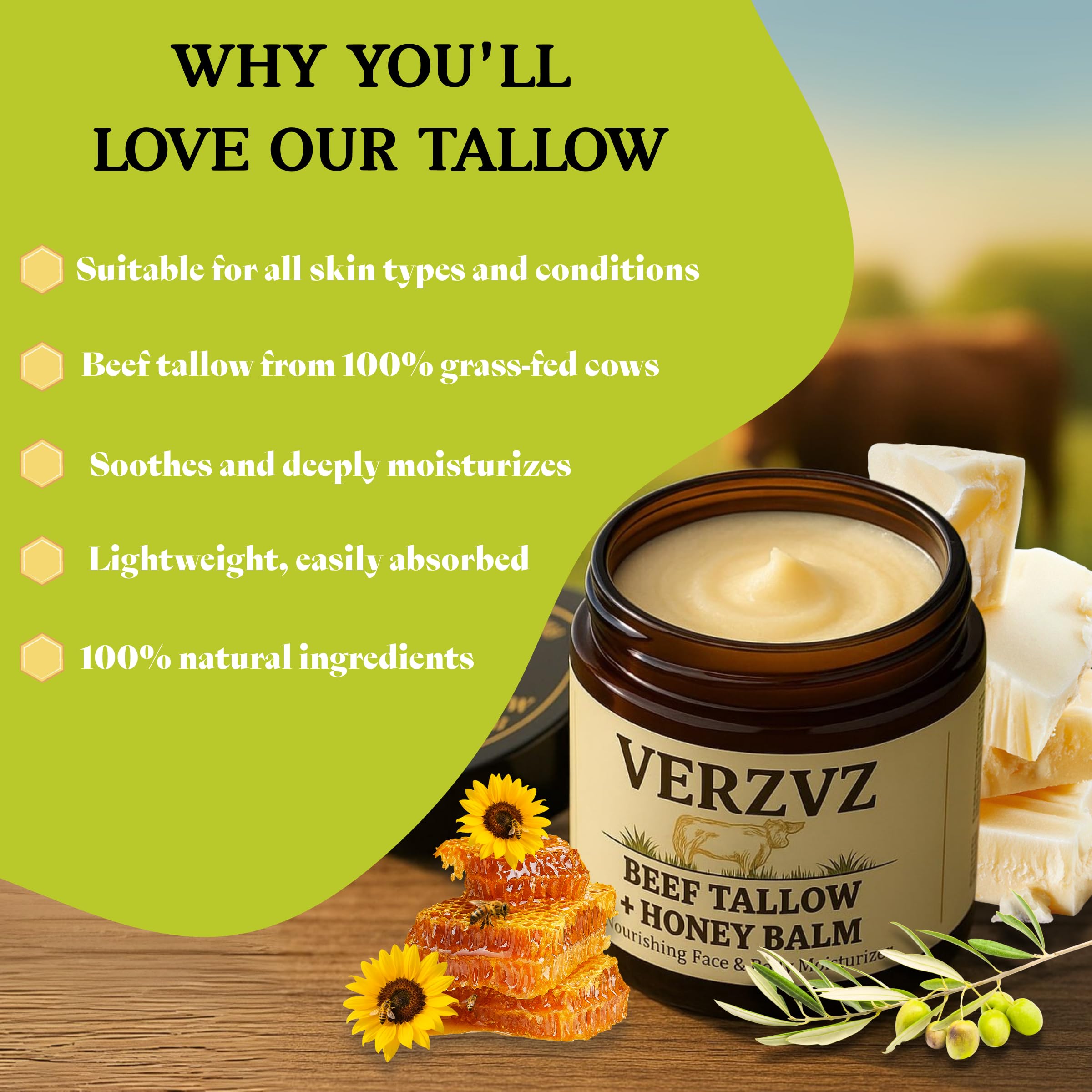 VERZVZ Beef Tallow Honey Balm ingredients panel shows grass-fed tallow and honey