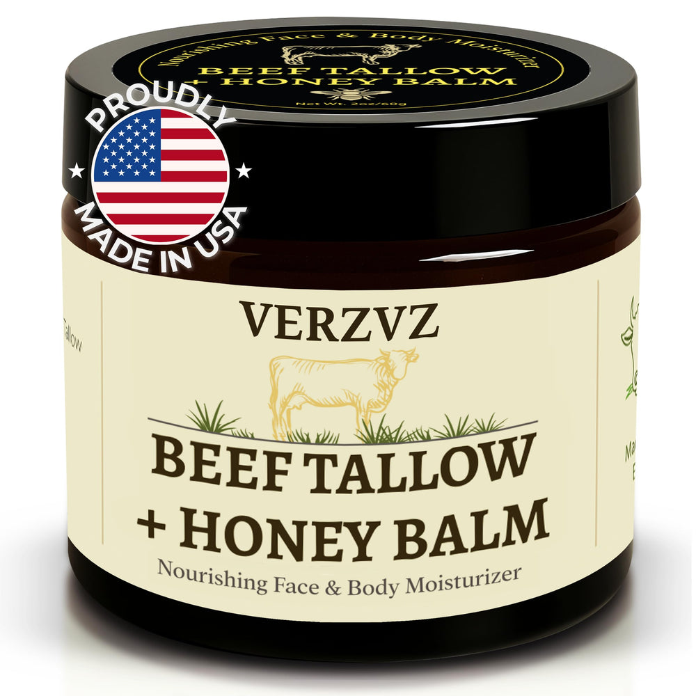 VERZVZ Beef Tallow Honey Balm jar shows deep hydration for skin
