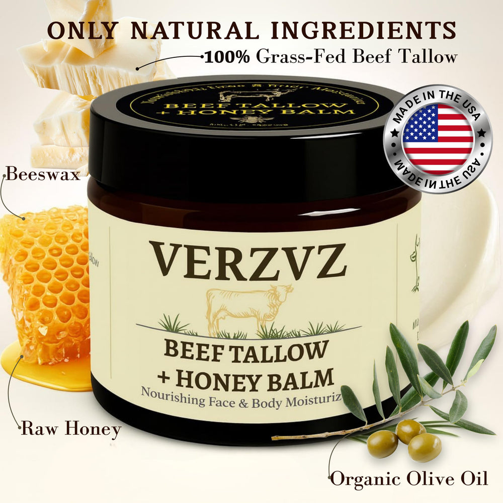 VERZVZ Beef Tallow Honey Balm packaging highlights USA-made quality