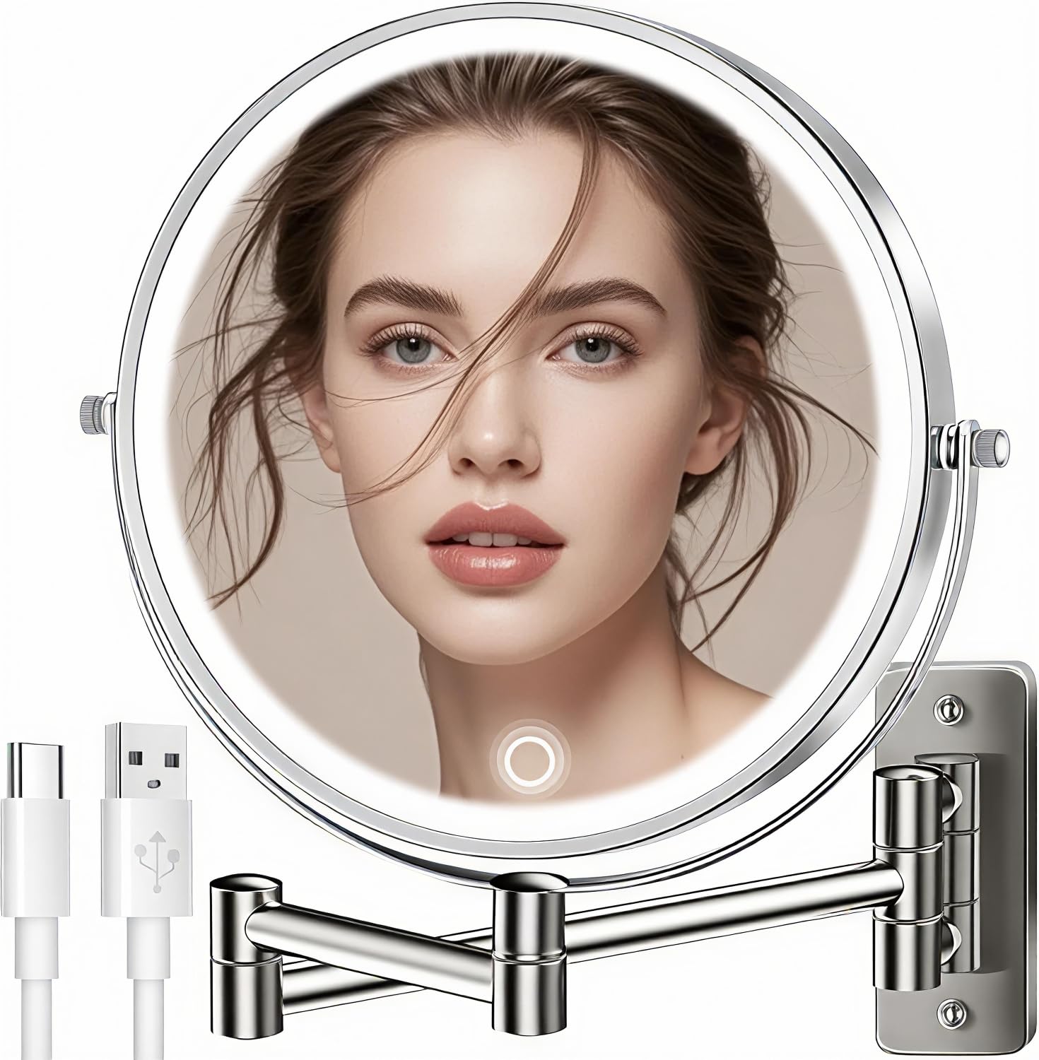 VESAUR 9 inch wall-mount makeup mirror showing 1x and 15x magnification for detail work.